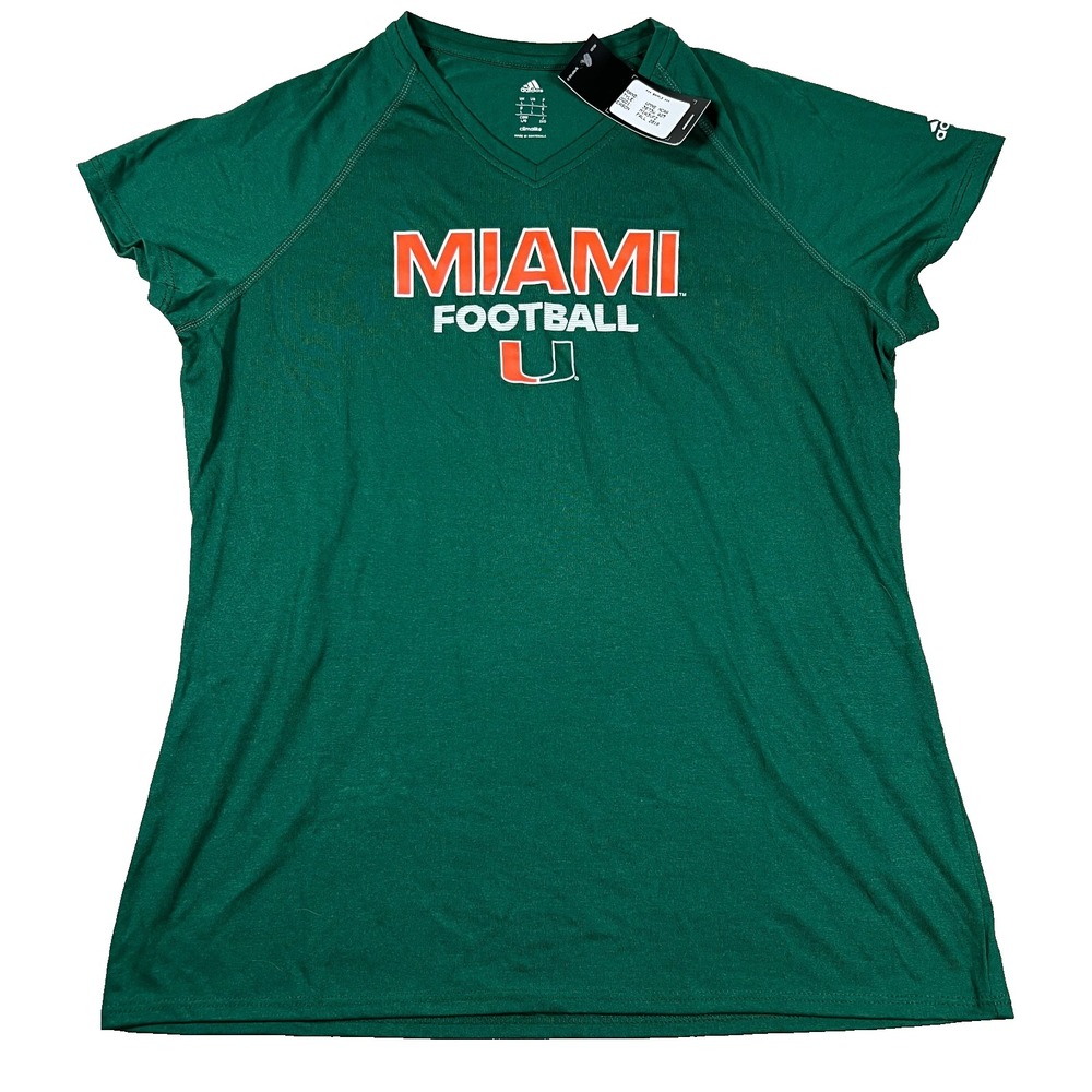 Adidas Womens L Green Graphic V-Neck Miami NCAA Climalite Football T-Shirt NWT